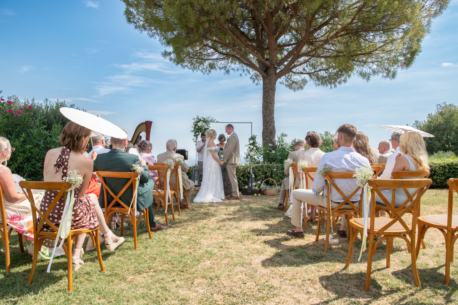 Guests seated for the ceremony under the pine tree at Corte San Mattia