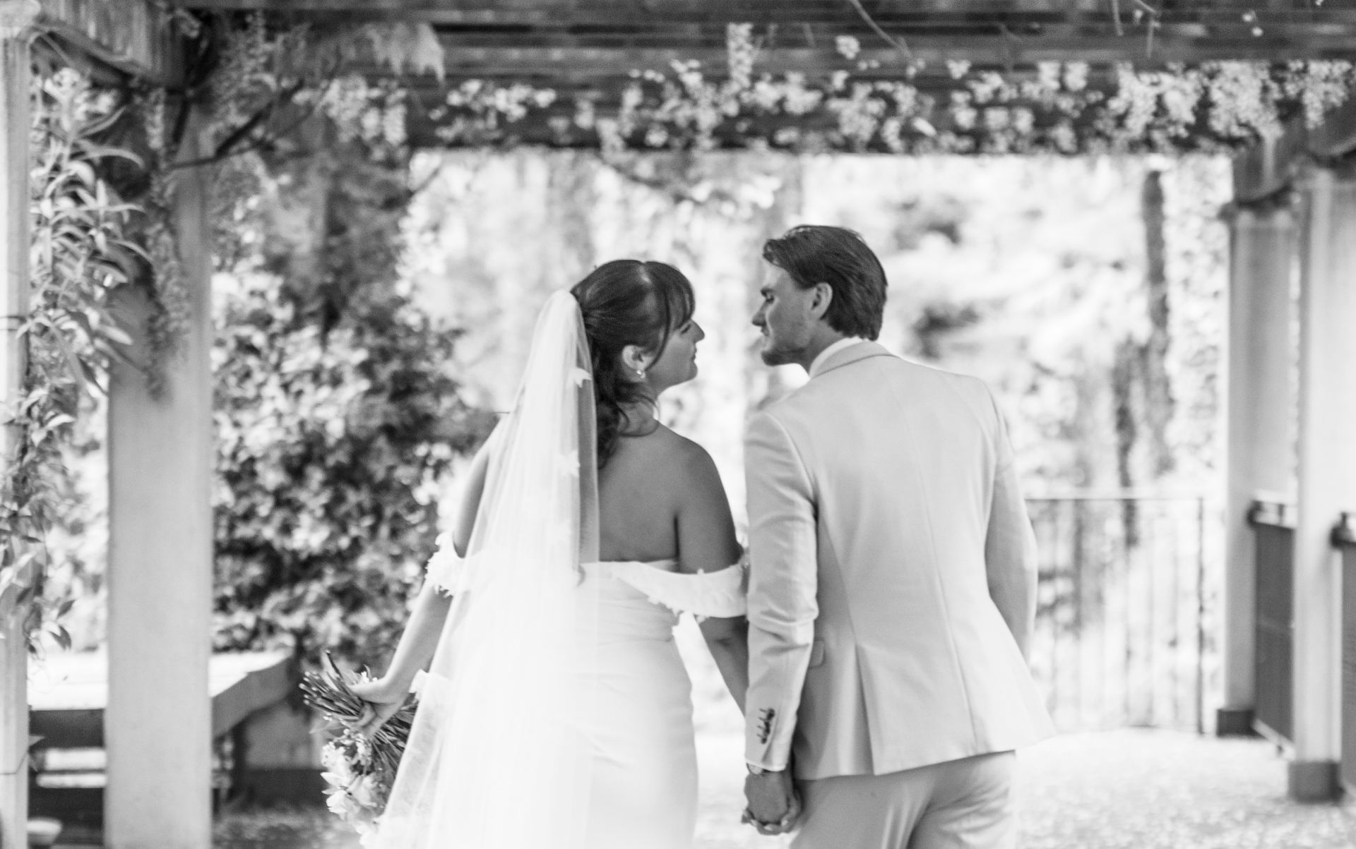 Black and white portrait of a bride and groom